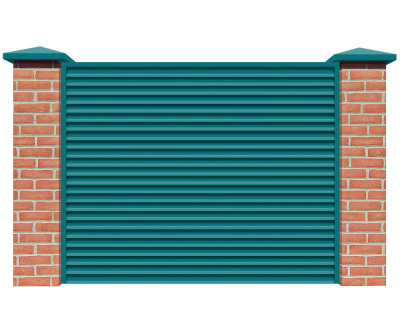Секция забора жалюзи из ламелей Жалюзи ЭКО-Z RAL5021 морская волна с кирпичными столбами анфас