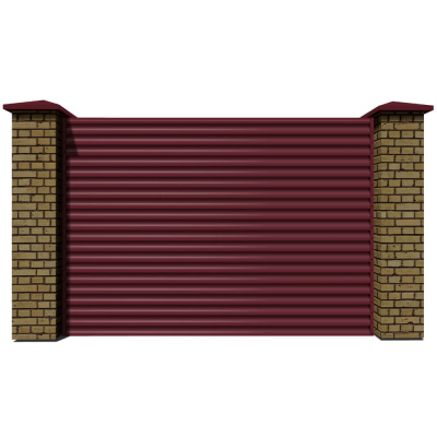 Секция забора жалюзи RAL3005 Красное Вино 2-х сторонняя с кирпичными столбами анфас